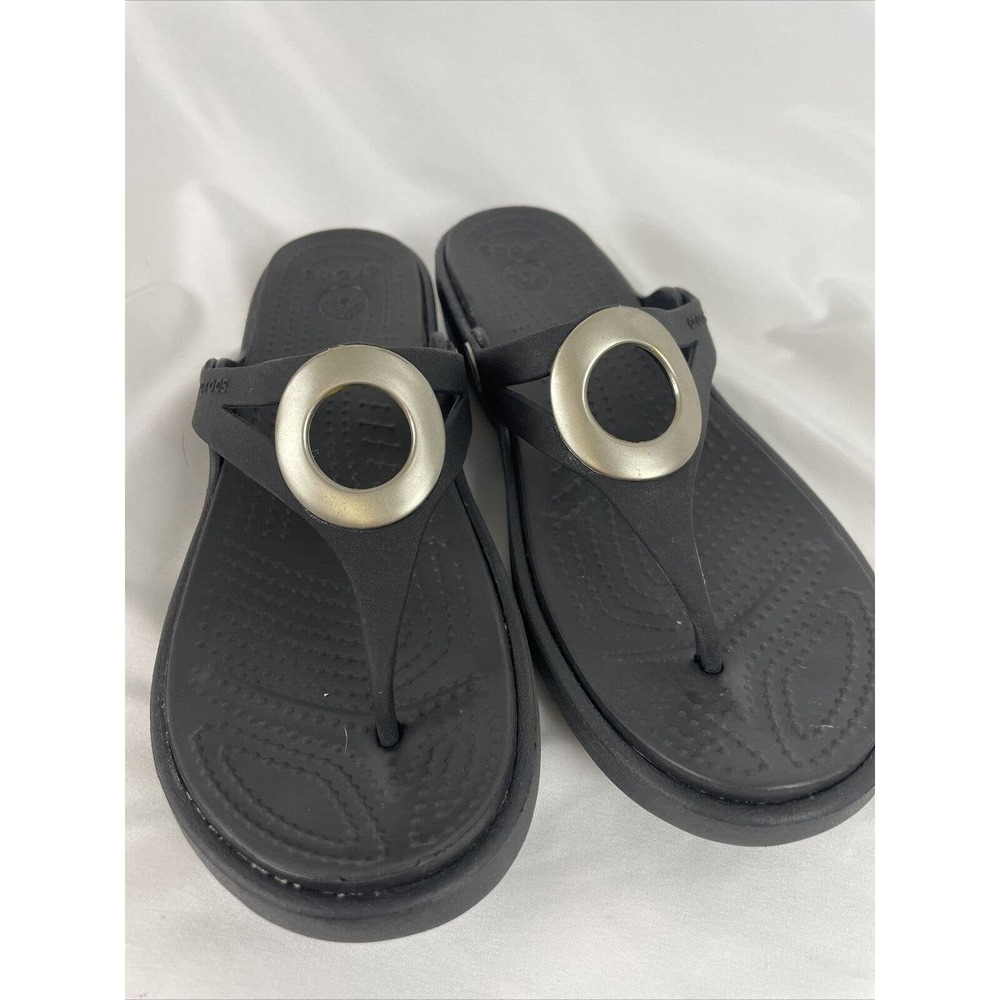 Crocs Sanrah Circle Wedge Comfort Flip Flops Women’s Blue Silver Medallion Sz 7